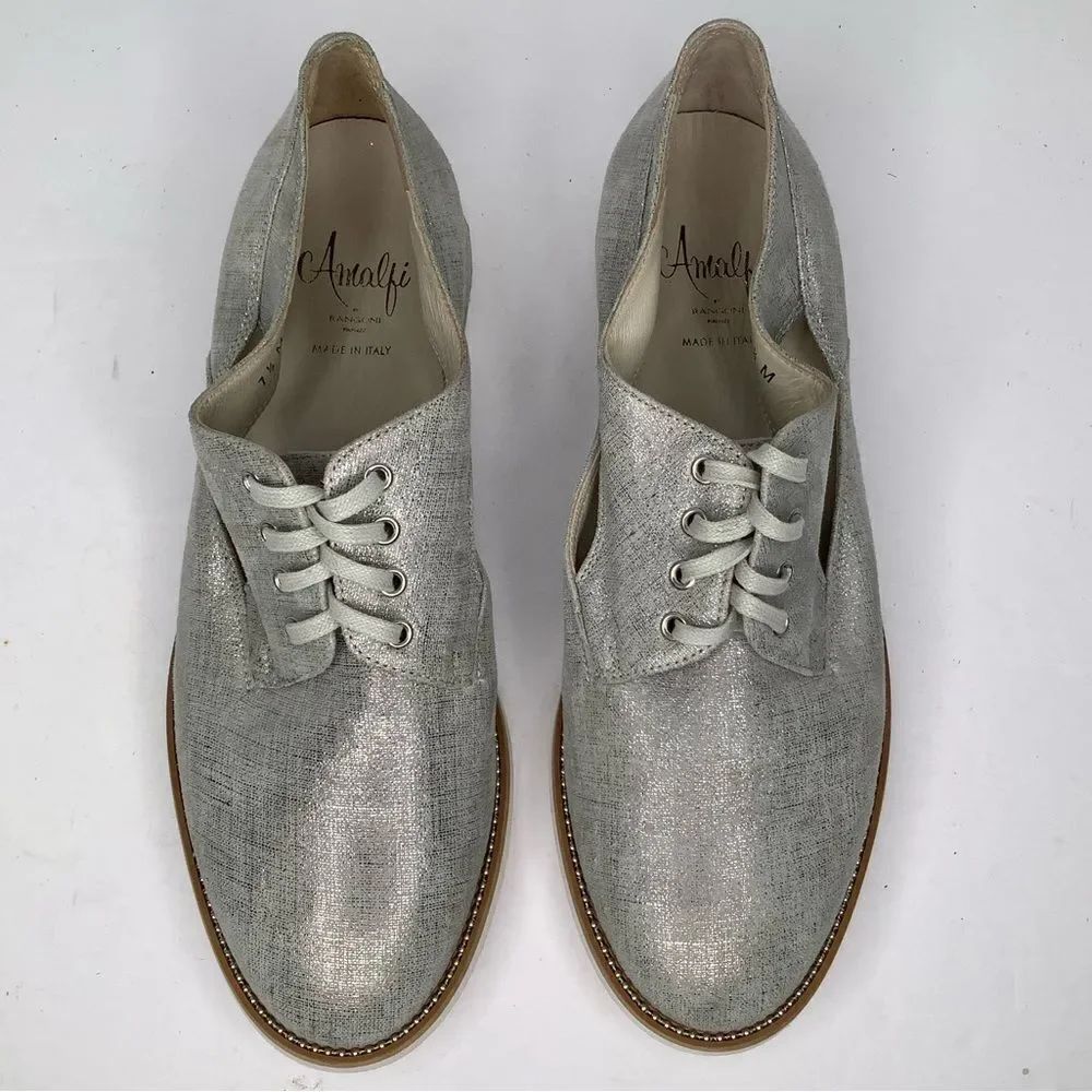 Amalfi by Rangoni Silver Textile/Leather Lace Tie Oxford Women Shoes Sz 7.5